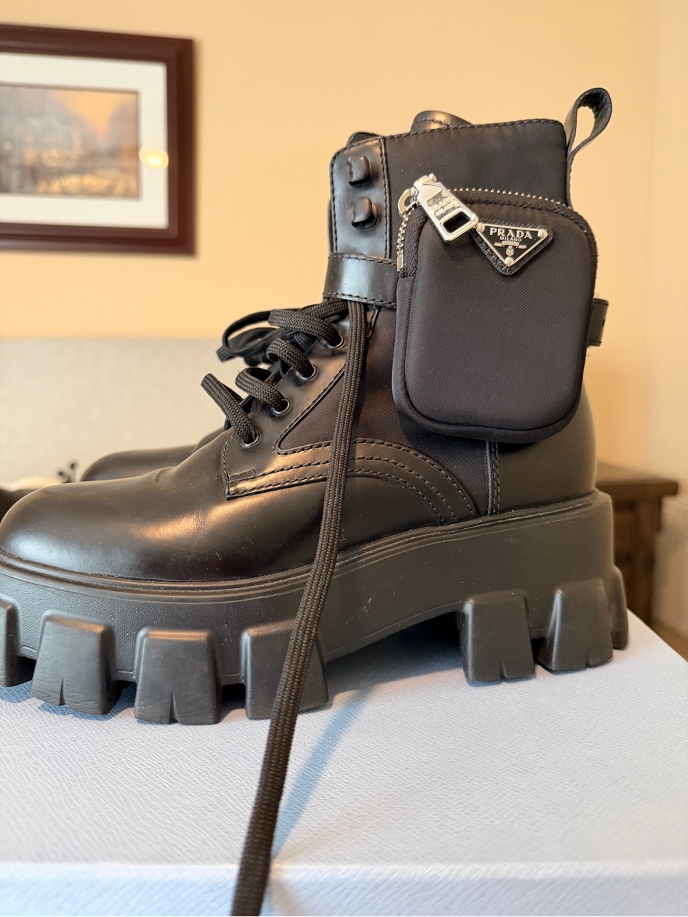 Prada Black Leather Lug-Sole Platform Combat Boots with Detachable Pouch